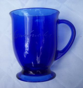 Starbucks Etched Cobalt Blue Glass Coffee Mug Usa Made - Anchor Hocking 16 Oz