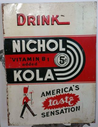 Vintage Large Embossed 20 X 28 Tin 1930s Nichol Cola Advertising Sign