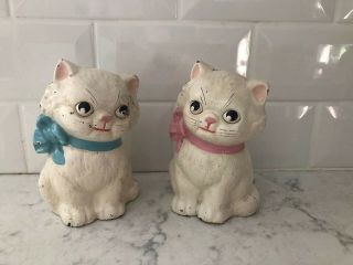 Antique Hubley Cast Iron White Kitten Banks.  Blue Bow And Pink Bow.