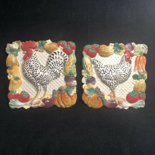 Fitz & Floyd Hen And Rooster Ceramic Wall Plaques Country Vegetables 9 X 9