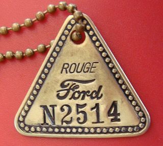 Vintage Tool Check Brass Tag: Ford " N " Glass Factory; W/ Key Chain