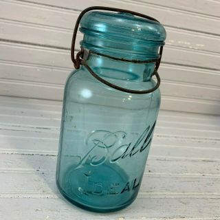 Vintage Ball Ideal Blue Green 9 Wire Bail Canning Jar With Glass Lid
