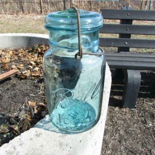 Vintage Ball Ideal Quart Aqua Blue Canning Jar 10 With Glass Lid & Wire Closure