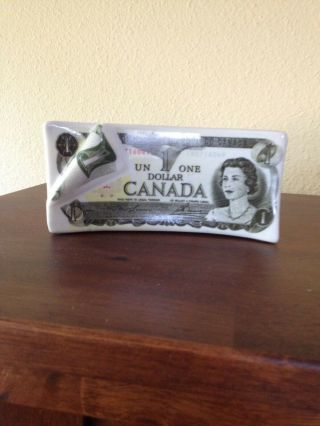 Vintage Canadian Money One Dollar Bill $1 Ceramic Piggy Bank - Stack Of Cash