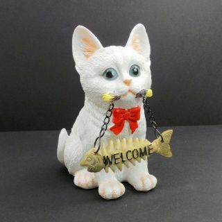 Kitty Cat Figurine Holding Welcome Sign Flame Point Siamese Kitten Statue