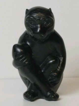 Vintage Black Stone Marble Carved Sitting Monkey Chimp Figurine 5.  5 " Tall