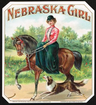 C1900 Cigar Box Label Antique Nebraska Girl Side Saddle Horse Dog Riding Lady