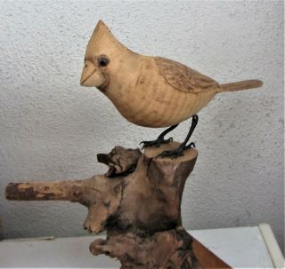 Cardinal Bird Wood Carving Signed Richard Grace 1988