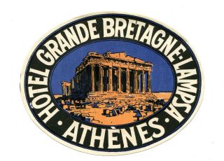 Vintage Hotel Luggage Label Hotel Grande Bretagne Lampsa Athenes Athens Greece