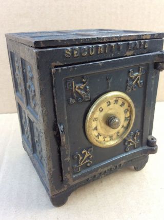Vtg Cast Iron Security Safe Deposit Bank Antique Cast Iron Still Bank Coin Bank