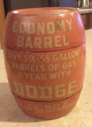 Vintage Collectible Promotional Dodge Economy Barrel Metal Coin Bank 3 - 3/4 " Tall