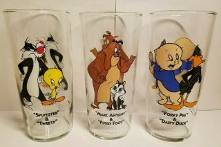 3 Rare Looney Tunes 6  Glass Tumblers 1994 - Porky Pig,  Marc Antony,  Tweety