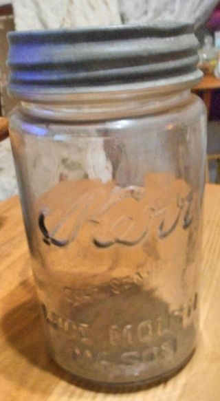 Vintage Kerr Self Sealing Wide Mouth Mason Canning Jar Clear Glass Zinc Porc Lid