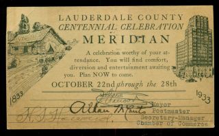 1933 Meridian,  Lauderdale County,  Ms - Centennial Postal Card W/mayor 