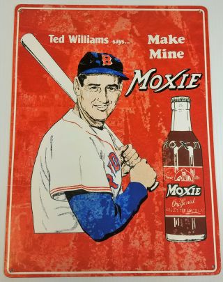 Ted Williams Says Make Mine Moxie Soda Pop Bottle Heavy Duty Metal Adv Sign