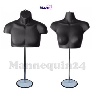 Black Mannequin Male & Female Chest Torsos Set,  2 Stands,  2 Hangers To Hang