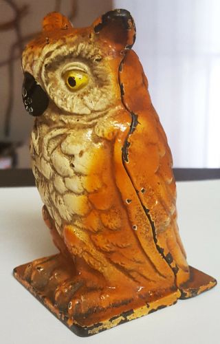 Old Rare Owl Vindex Cast Iron Penny Still Bank 1930 3