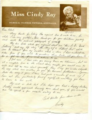 Miss Cindy Ray Tattooed Girl Hand Written Letter With Autograph 1967 Australia
