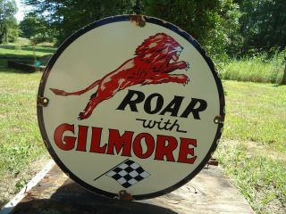 Old Lion Gasoline Porcelain Enamel Gas Pump Station Sign Roar With Gilmore