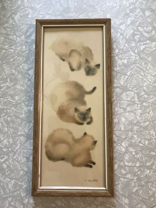 Vintage Mcm Siamese Cats Watercolor Framed Art