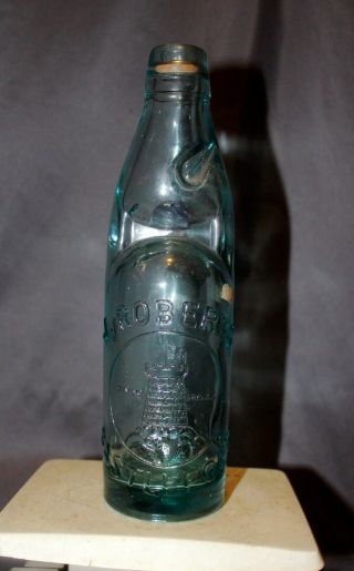 Antique J.  Roberts Castleford Codd Neck Glass Bottle With Cobalt Blue Marble