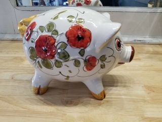 Vintage Hand Painted Ceramic Majolica Piggy Bank Made In Italy Floral Rose