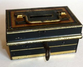 Antique,  English,  Small Metal Lock Box Bank,  With Handle & Key