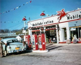 1953 Mobil Oil Gas Pump Station 8x10 Photo Pegasus Sign Vintage Car Onalaska Wi