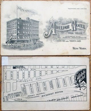 Adelphi Hotel - York City,  Ny 1910 Trade Card W/map - Manhattan Island