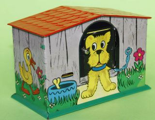 Vintage Hungarian LEMEZ Litho Tin Money Box Dog House Toy 1970 ' s 2