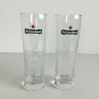 Heineken Star Logo Etched Tall Beer Glasses Set Of Two (2) 20 Oz