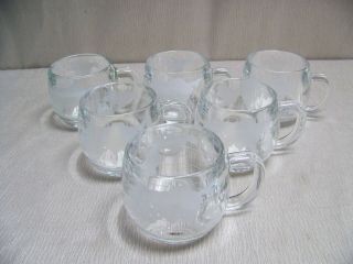 Set Of 6 Vintage Nestle Frosted And Clear Glass World Globe Mugs With Handles