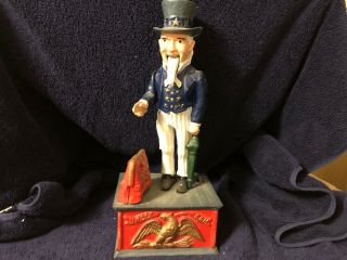Cast Iron Uncle Sam Bank Mechanical Metal Bank Made In Taiwan