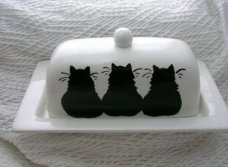 Three Black Cats On Butter Dish 2 Piece Handmade Ceramic Clay By Grace Smith