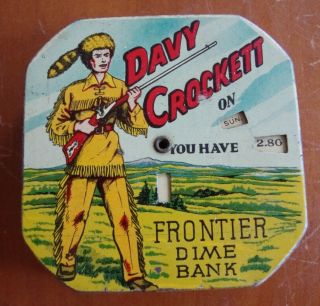 Vintage Davy Crockett Frontier Dime Bank Tin Litho Painted Piggy Characters
