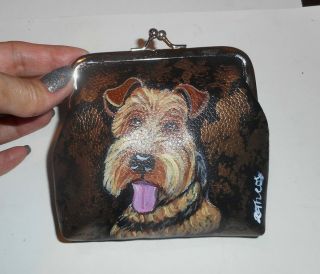 Welsh Terrier Dog Hand Painted Leather Coin Change Purse Clutch Wallet Vegan