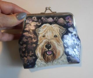 Soft Coated Wheaten Terrier Dog Hand Painted Clutch Coin Purse Mini Wallet Vegan