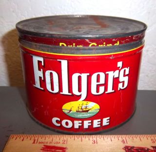 Vintage Folgers Coffee Tin,  Empty,  Great Graphics & Colors,  1950s Design Logo