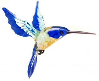 Cyan Blue Hummingbird Figurine Blown Glass " Murano " Art Animal Bird Ornament