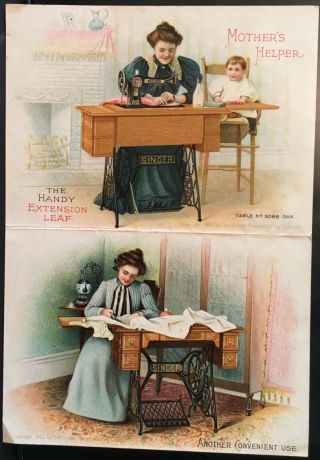 Singer Sewing Machine Extension Leaf Baby In High Chair Next To Mother Sewing