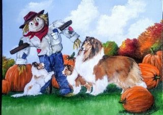 Collie Scarecrow Autumn 9x12 Acrylic Doodle,  B Ann,  Ooak