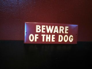 Vintage Old Beware Of The Dog Tin Metal Reflective Hetrolite Sign Junkyard Shop