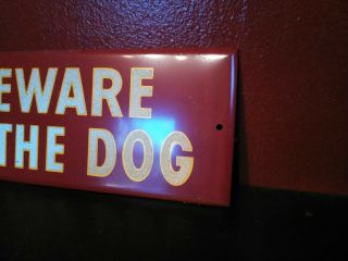 Vintage Old BEWARE OF THE DOG Tin Metal Reflective Hetrolite Sign Junkyard Shop 2