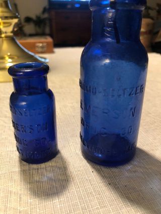 Vintage (2) Cobalt Blue Bromo Seltzer Glass Medicine Bottles