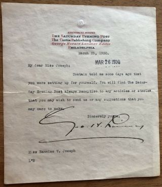 Editor Of The Saturday Evening Post George H.  Lorimer Autograph Letter