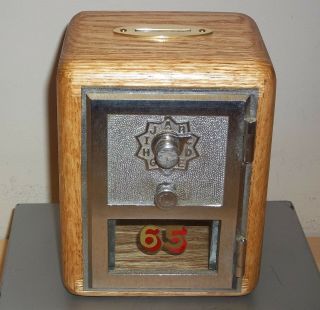 Oak Post Office Box Door Bank - 1964 Nickel Plated Grecian