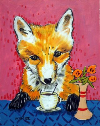 Fox At The Coffee Shop Animal Wall Art Decor 13x19 Glossy Print Jschmetz