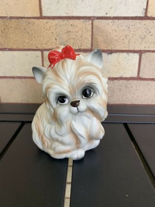 Vintage Ceramic Puppy Dog Terrier Red Bow Piggy Coin Bank
