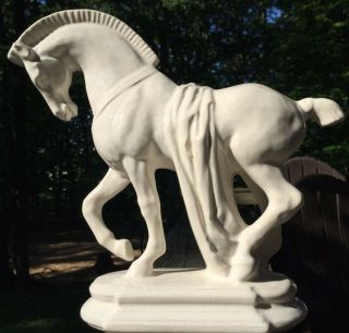 Vintage & Majestic Trojan Horse Statue Ceramic Glazed White 12 " Circa 1950s