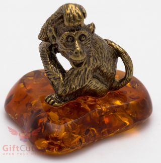 Solid Brass Amber Figurine Thinker Macaque Monkey Totem Talisman Ironwork